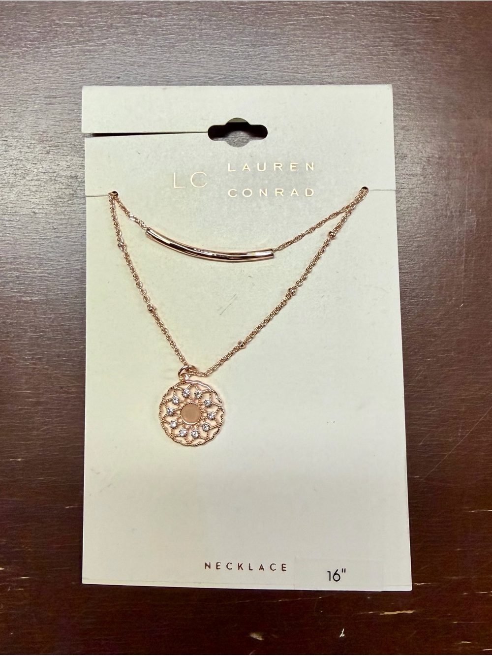 LC Lauren Conrad Rose Gold Double Layer Mandala Pendant Necklace 16” NWT!